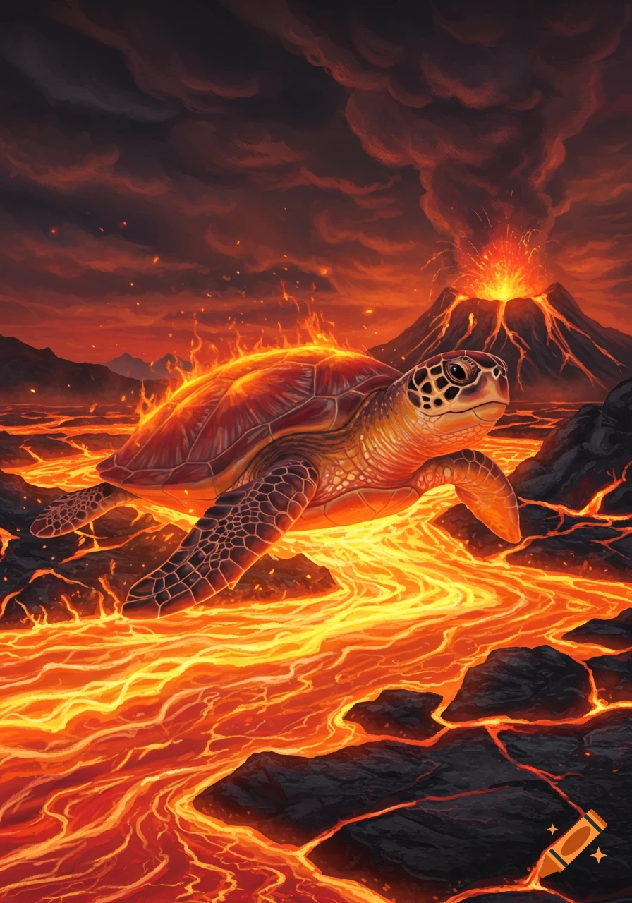 A smiling turtle swims through a river of molten lava as a volcano erupts  in the background, in a dramatic fantasy art style. on Craiyon, image size:896x1280