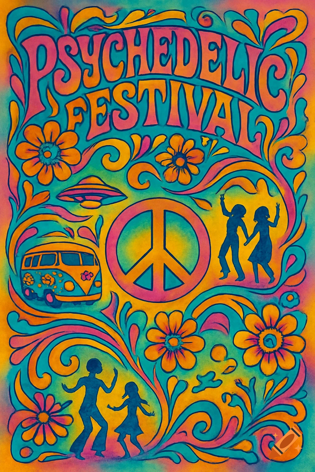 A vibrant psychedelic festival poster with groovy text, a peace sign, a hippie van, flowers, and dancing silhouettes.