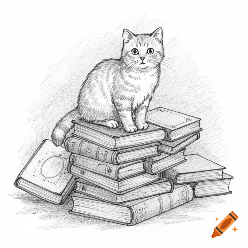 A pencil drawing of a cute tabby cat perched on a stack of books.