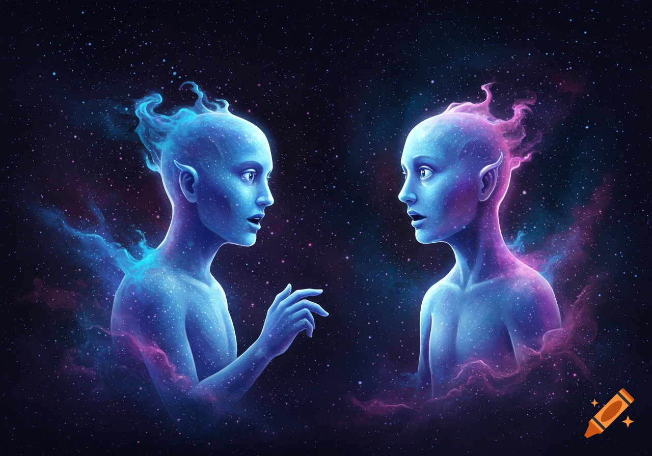 Two blue and purple cosmic humanoid figures with pointed ears face each other against a starry dark background, appearing to converse.