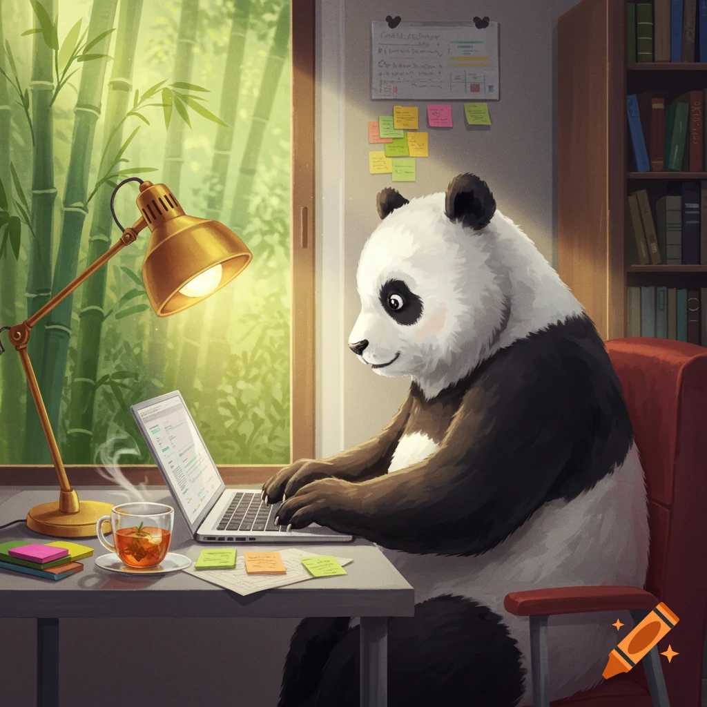 An anthropomorphic panda sits at a desk, typing on a laptop next to a steaming cup of tea and a golden lamp. A bamboo forest is outside the window.