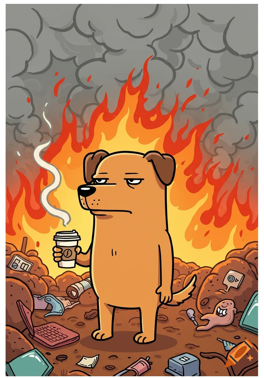 Cartoon dog from 'this is fine' meme stands with coffee cup in front of a burning room, looking resigned.