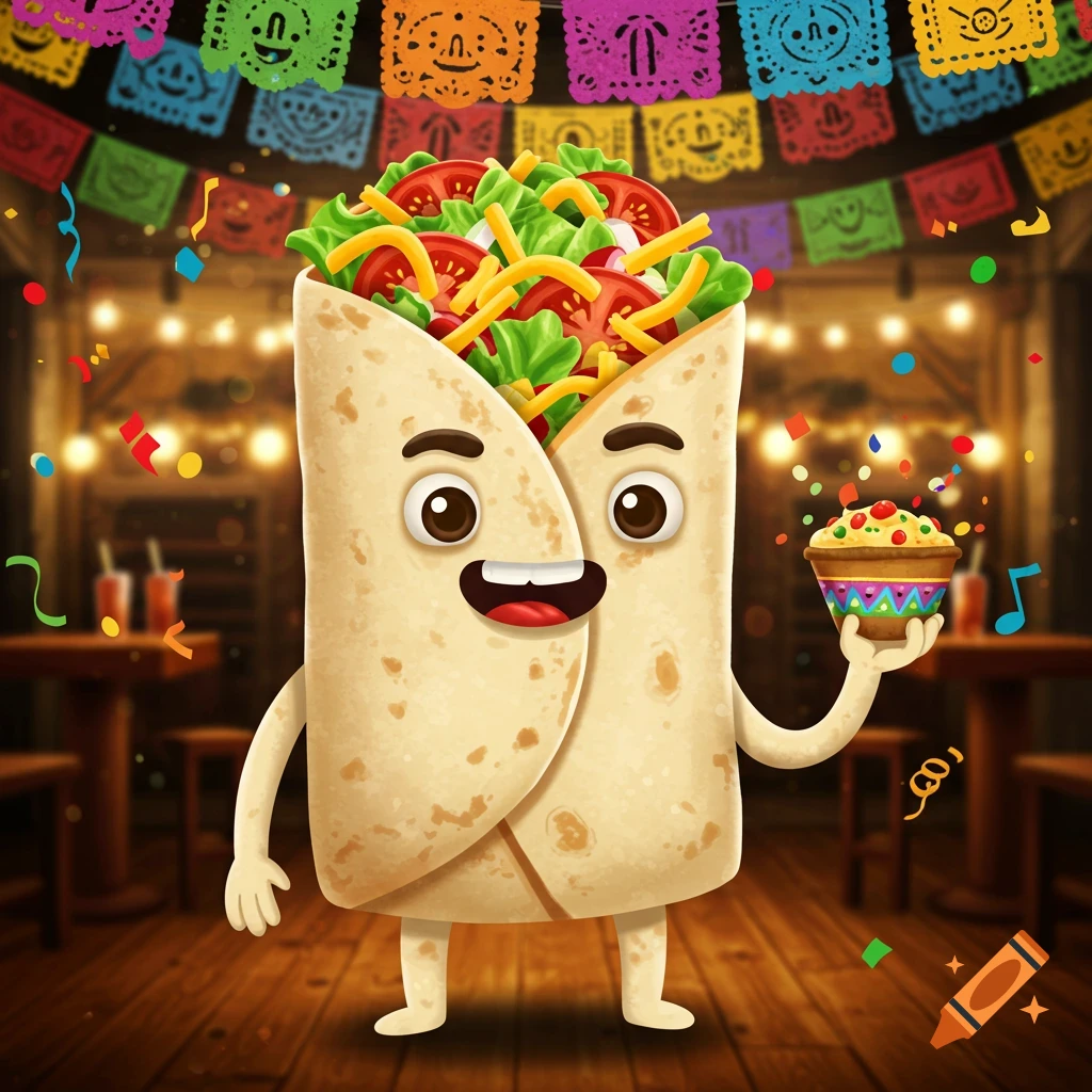 A smiling cartoon burrito character holds a small bowl of dip in a festive restaurant setting.