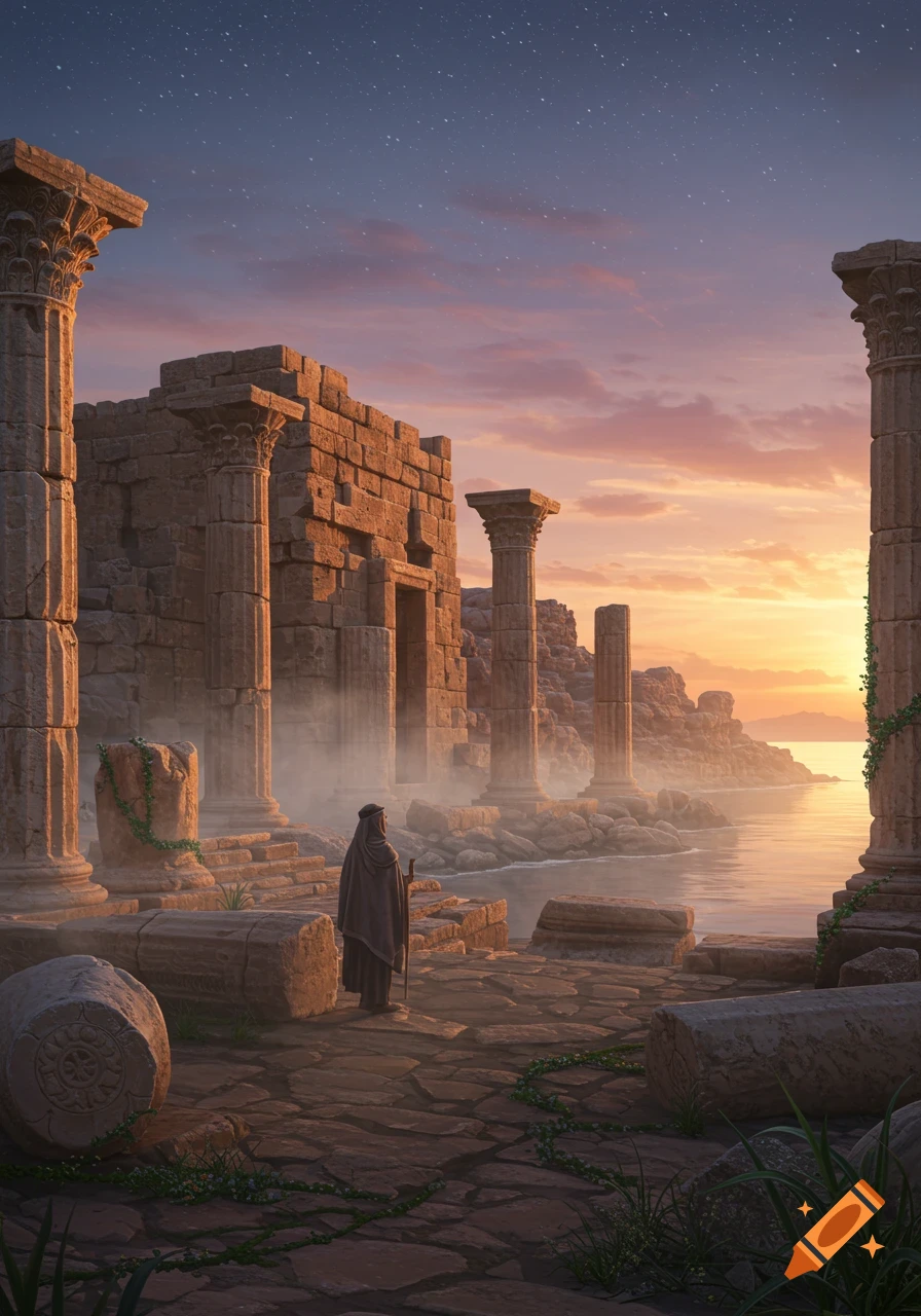 A robed figure stands among ancient stone ruins by the sea at sunrise, under a star-speckled sky with pink clouds.