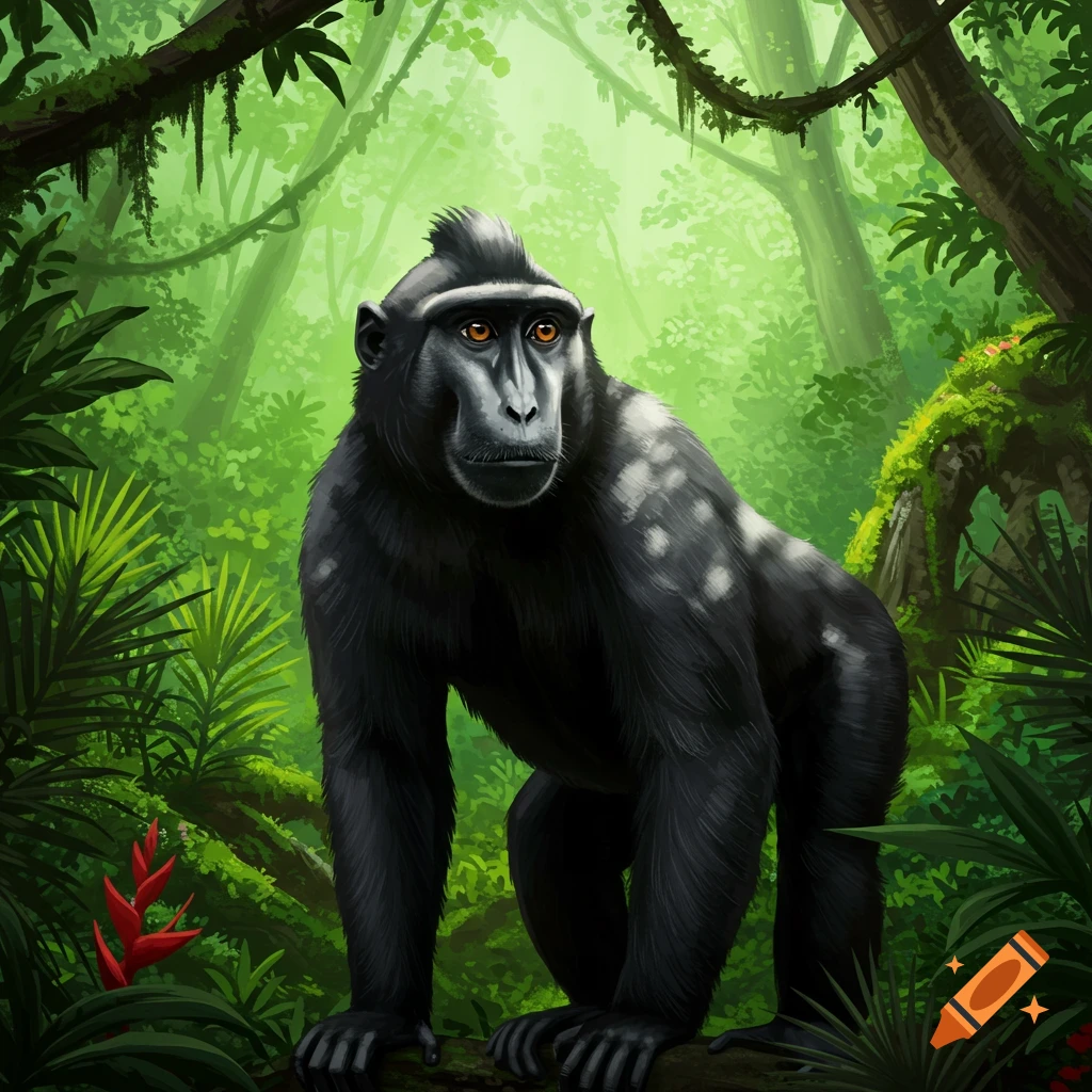 A detailed illustration of a black monkey with a grey face and orange eyes, standing on a log in a vibrant green jungle.