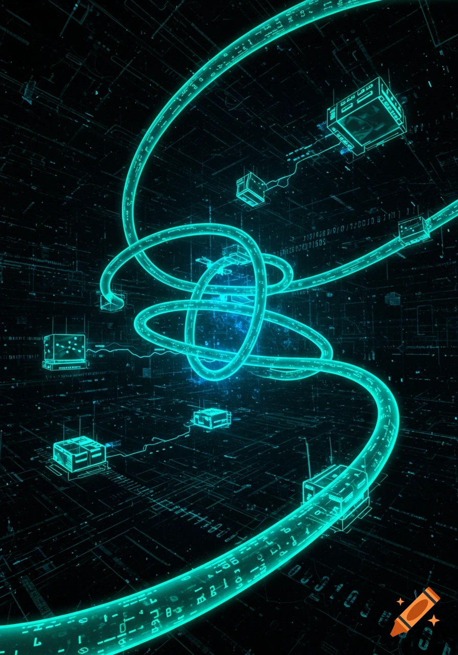 Abstract digital art depicting glowing turquoise data lines and nodes on a dark background with circuit patterns.