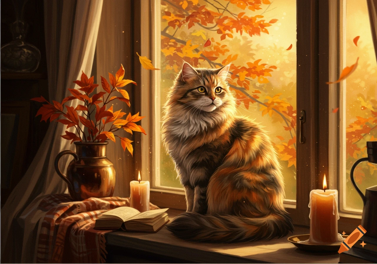 A fluffy brown and orange tabby cat sits on a sunlit windowsill, gazing at autumn trees outside, next to lit candles and an open book.