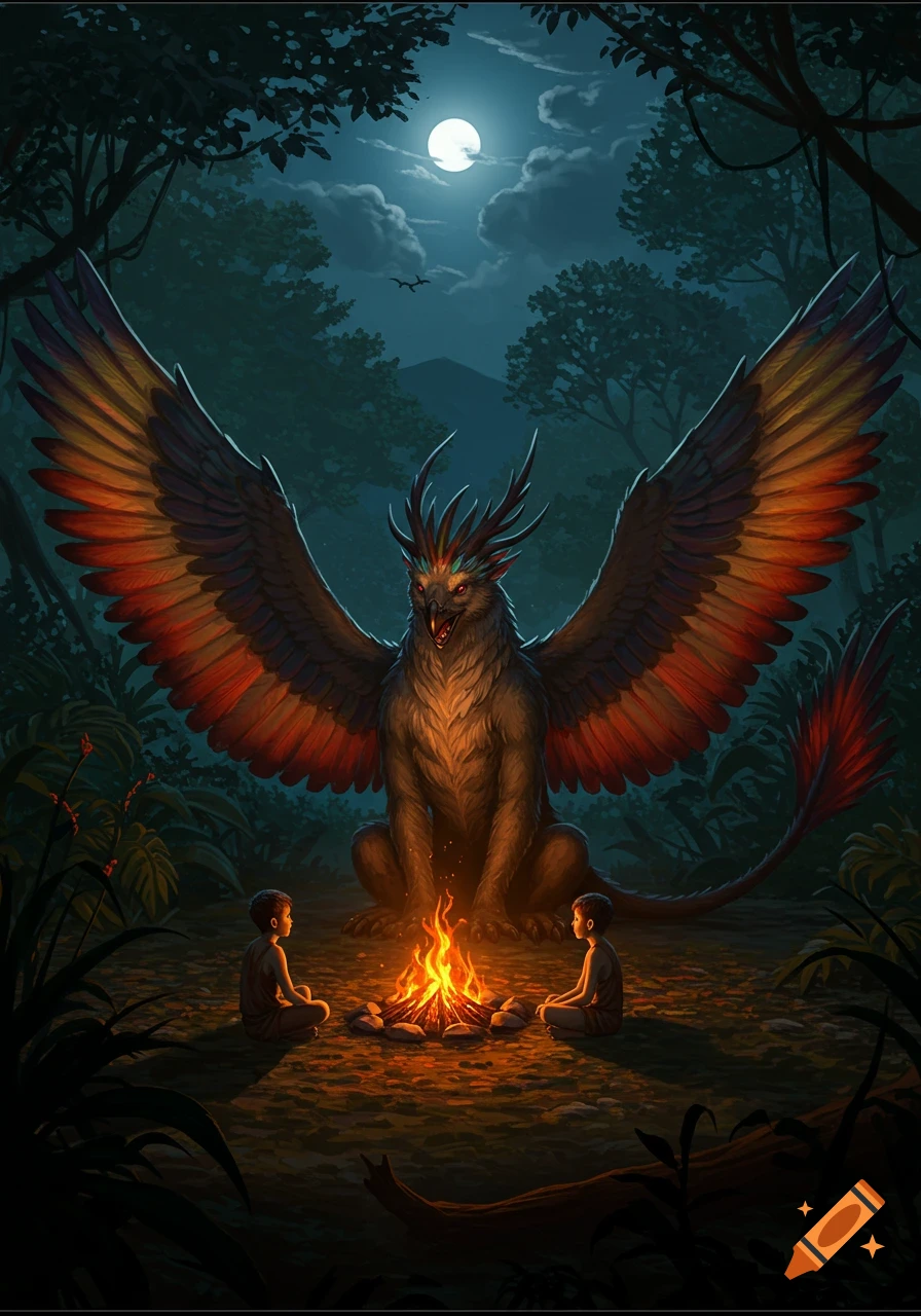 A large, colorful winged beast with antlers sits by a campfire at night in a tropical forest, facing two small boys.