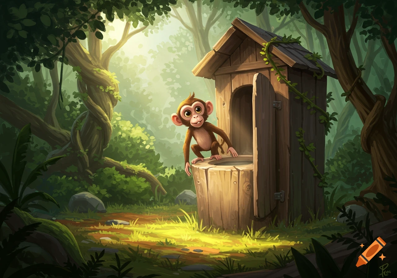 A cute cartoon monkey peeking out of a wooden outhouse in a sunny, lush green forest, cartoon illustration style.