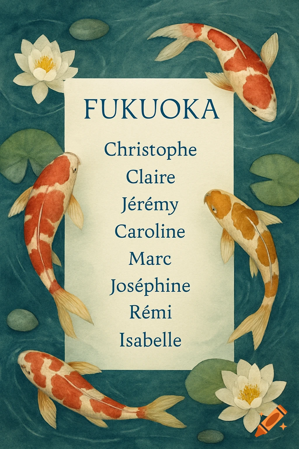 Watercolor illustration of koi fish and water lilies around a central scroll with names on a deep blue pond.