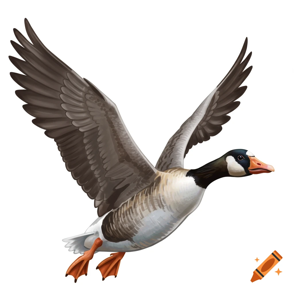 An illustrative wild goose with brown, white, and black markings, orange beak and feet, flying with wings spread against a white background.
