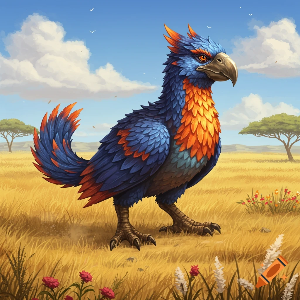 A large, colorful fantasy bird creature with blue and orange feathers and a sharp beak stands in a golden savanna.