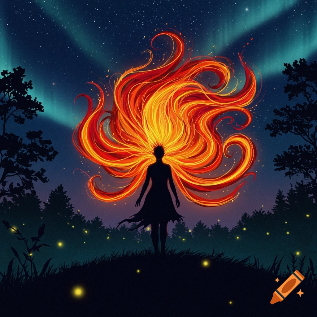 Stylized illustration of a silhouette with flame-like hair in a forest under a starry aurora night.