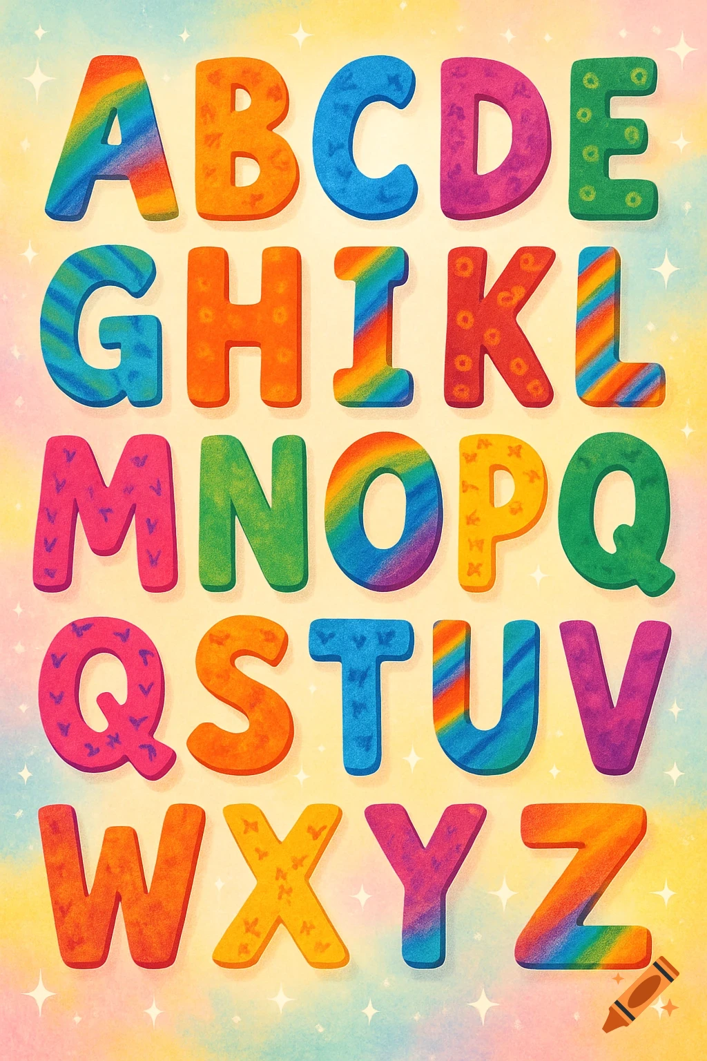A vibrant poster displaying the English alphabet from A to Z in colorful, textured letters on a soft watercolor background with stars.