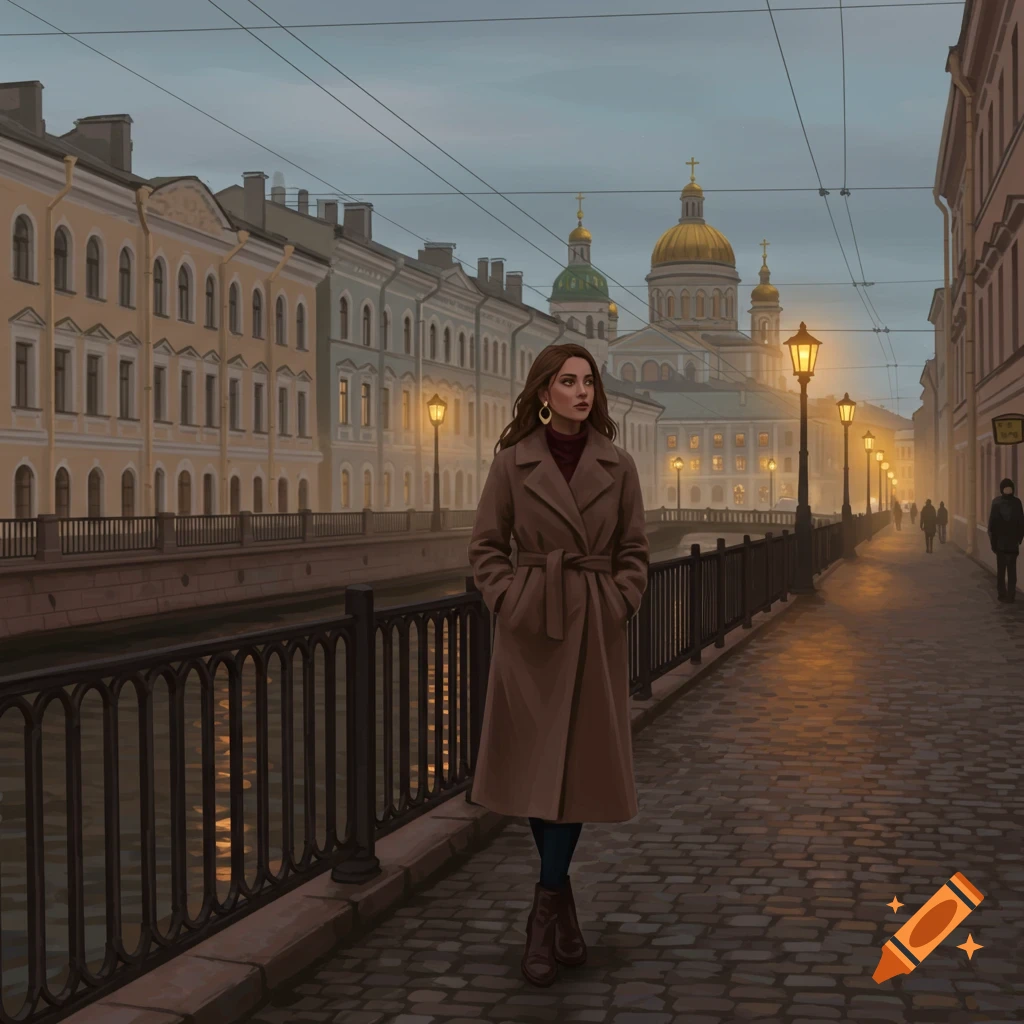 Illustration of a woman in a brown coat on a cobblestone street by a canal in an evening cityscape of Saint Petersburg.