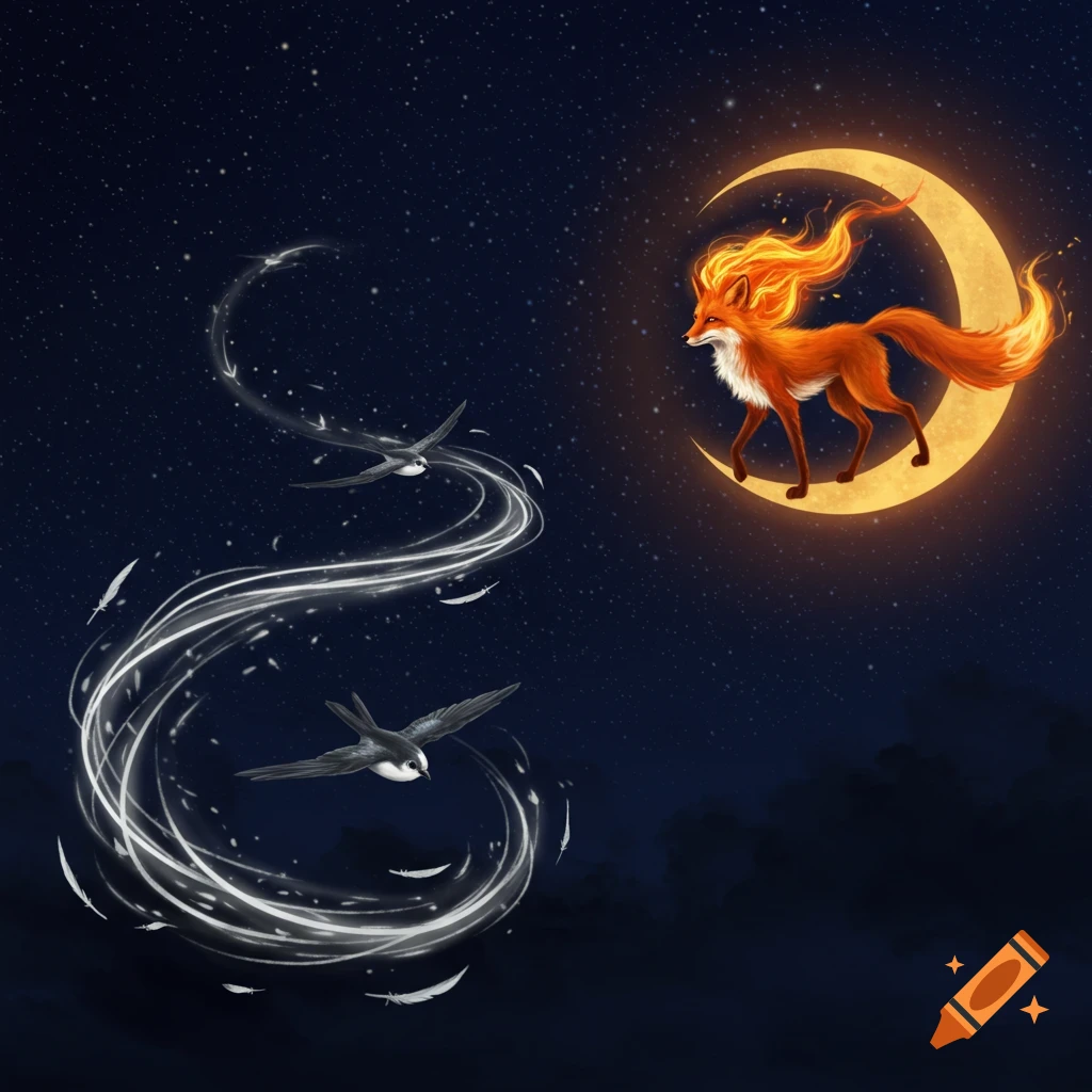 A fiery fox stands on a glowing crescent moon in a starry night sky, while two swifts fly, leaving a white trail and feathers.