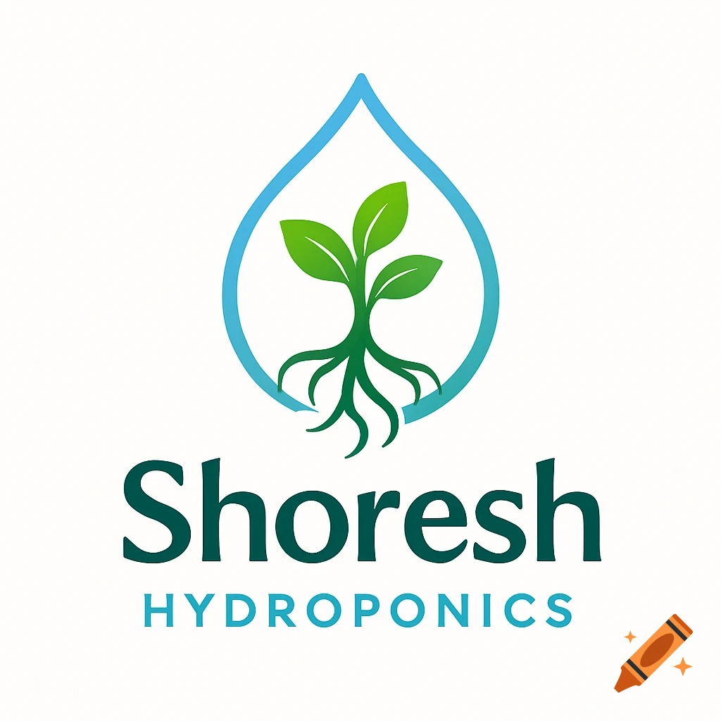 Logo for Shoresh Hydroponics featuring a green plant with roots inside a blue water drop.
