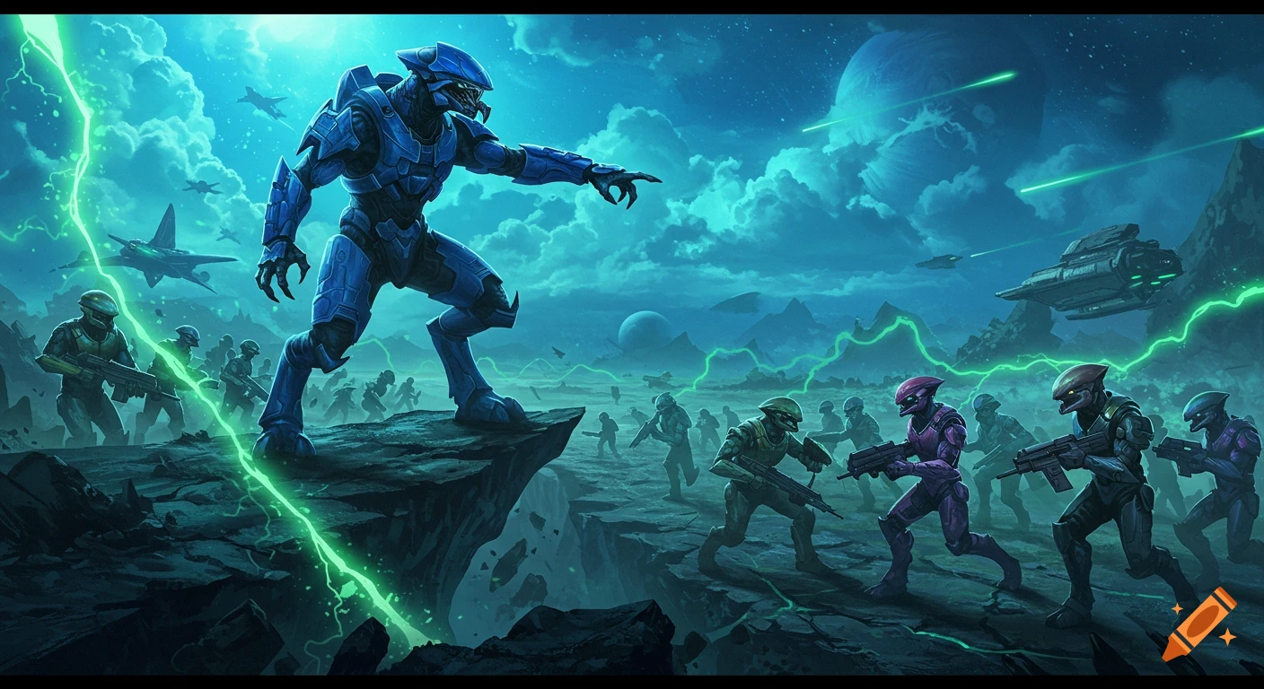 A blue armored Halo Elite commands diverse futuristic soldiers on a stormy alien battlefield with spaceships and glowing green energy.