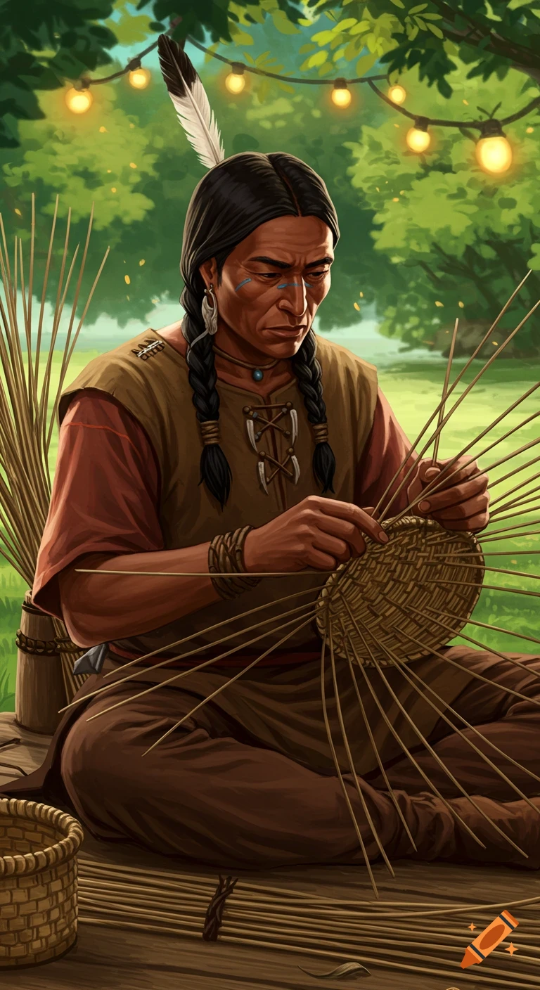 An Indigenous man with braided hair and a feather weaves a basket outdoors under string lights, in an illustrative style.