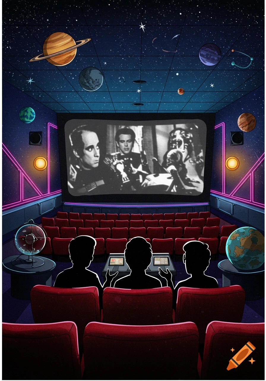 Retro-futuristic illustration of three silhouettes watching a black-and-white movie in a cinema set in outer space with planets.