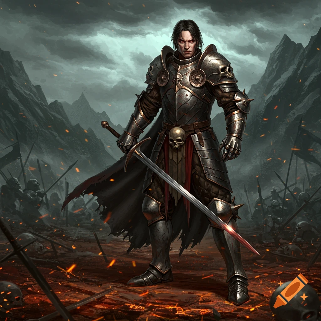 A dark fantasy warrior in skull-emblazoned armor with red eyes stands on a fiery battlefield holding a sword.