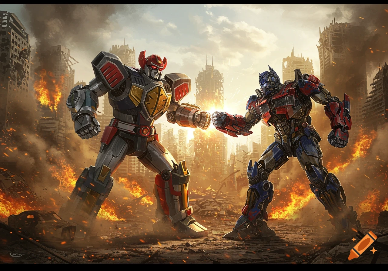 Megazord and Optimus Prime clash fists in a battle amidst a destroyed, burning city.