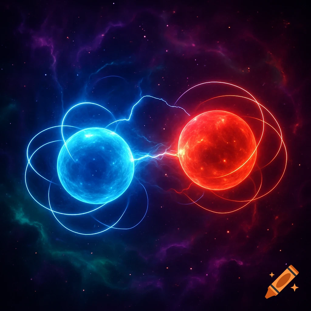 A vibrant blue glowing sphere and a red glowing sphere connected by bright electrical arcs, against a dark nebula-filled cosmic background.
