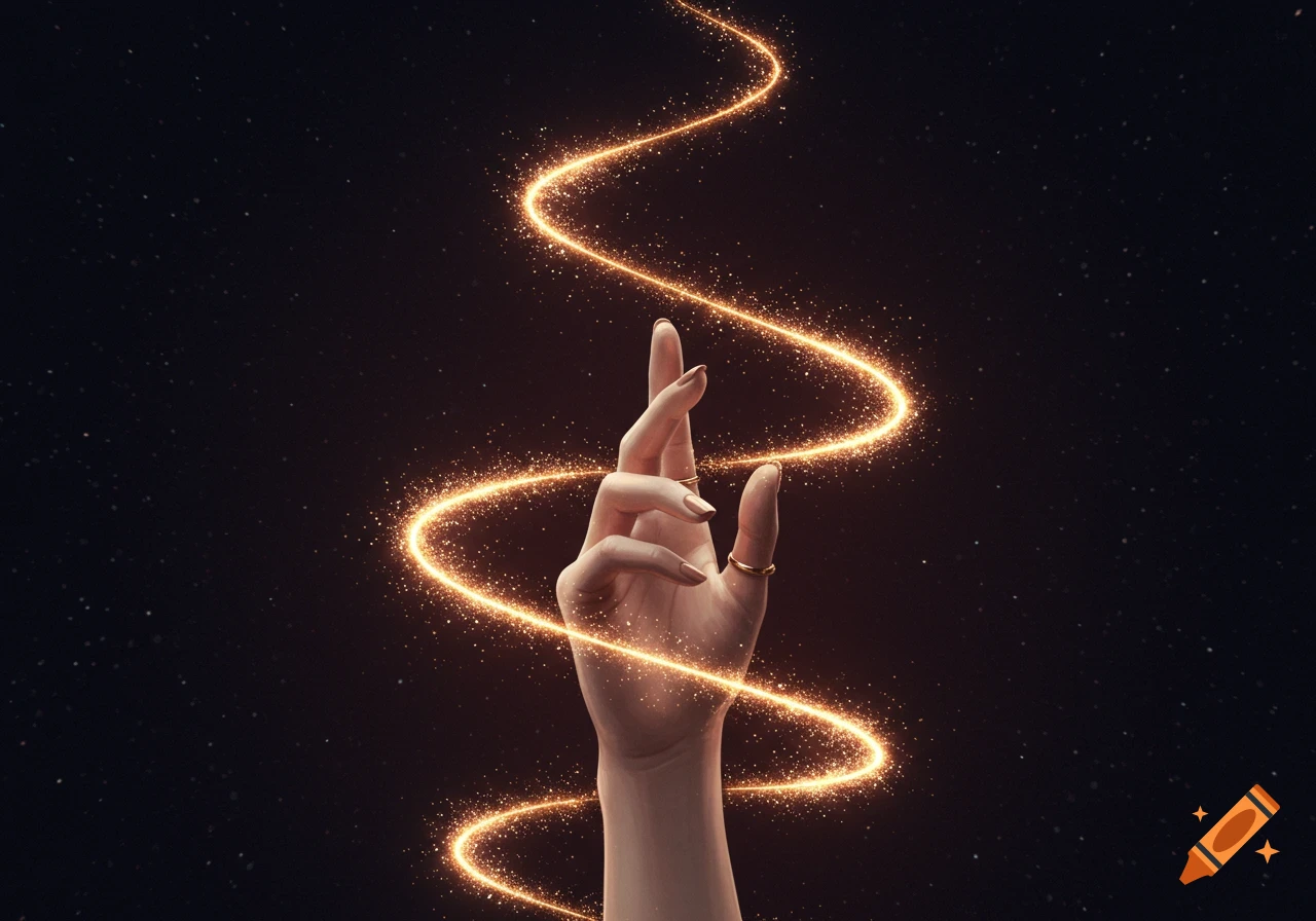 A dainty hand reaches upwards against a dark, starry background, a wavy trail of shimmery golden light following its fingertips.