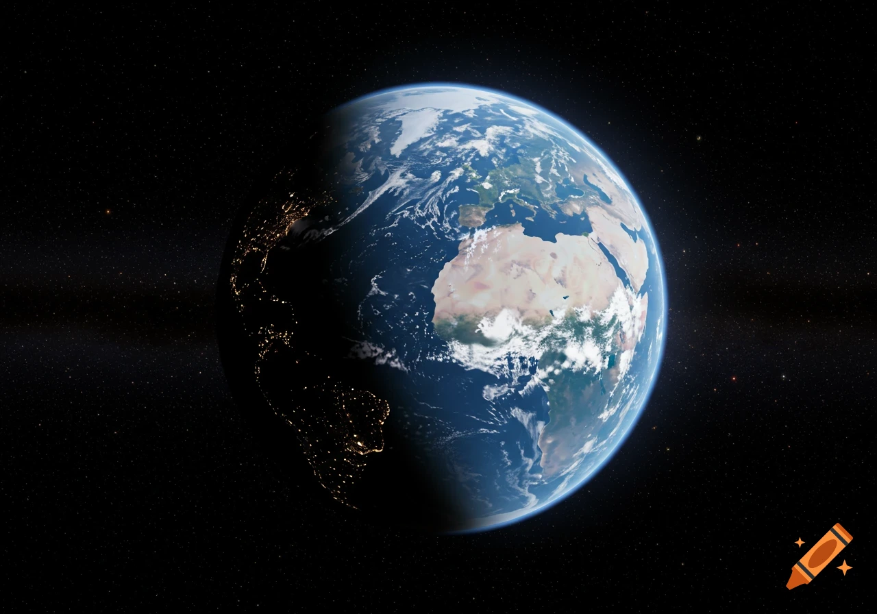 Photorealistic view of planet Earth from space, showing continents, clouds, and city lights on the night side.