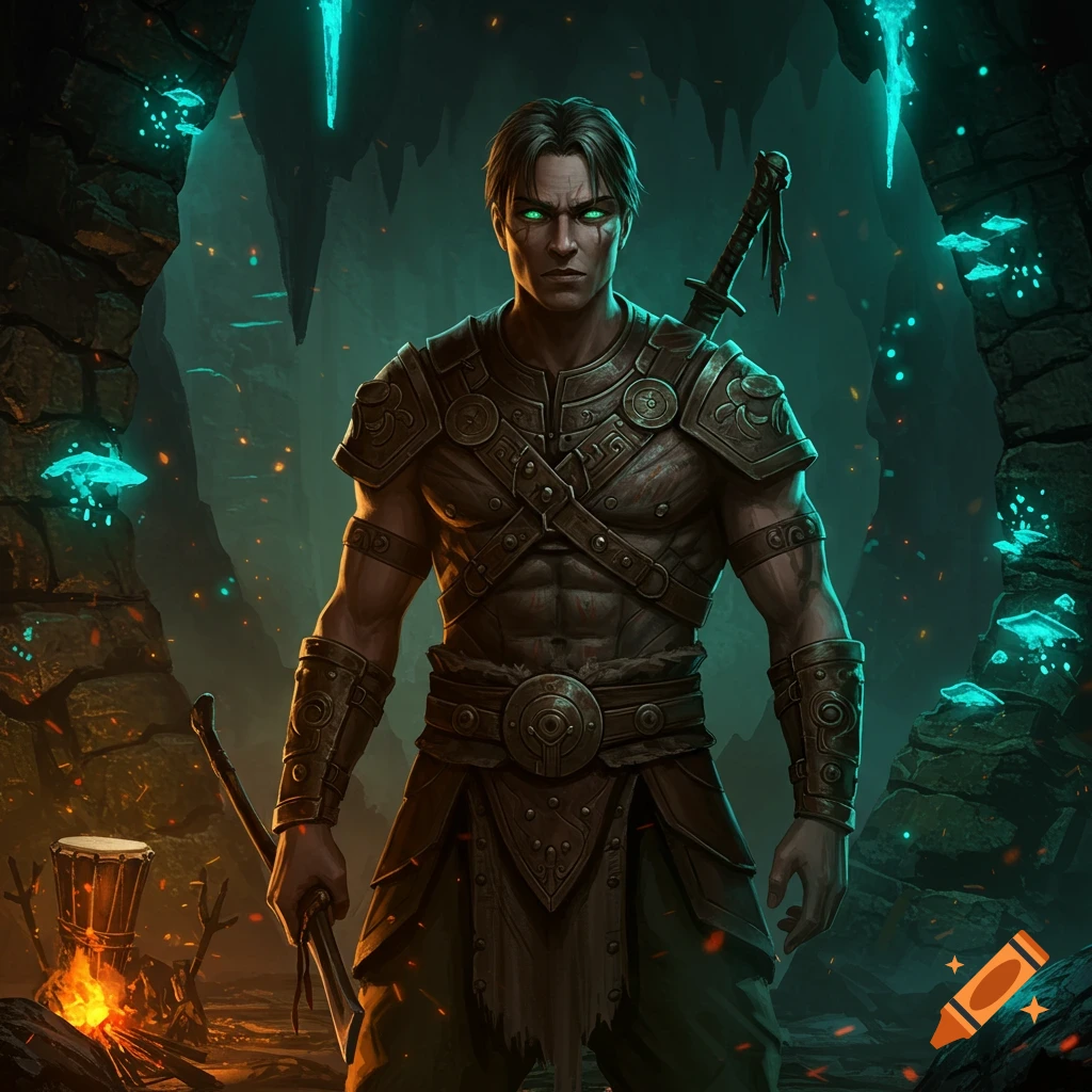 A muscular male warrior with glowing green eyes and ornate armor stands in a dark, glowing cave, holding a sword.
