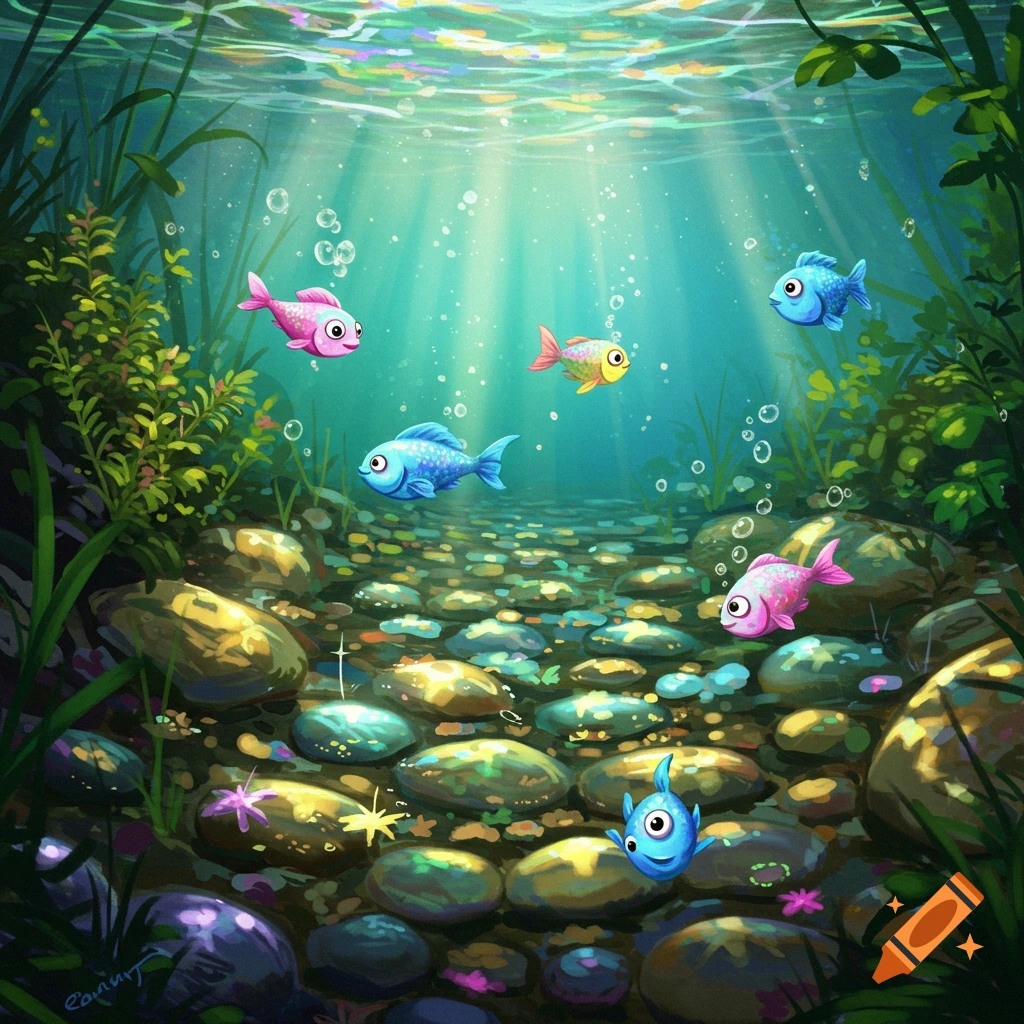 Vibrant, toonish pink and blue fish swim in a clear creek with colorful pebbles, lush green plants, and sun rays from above.