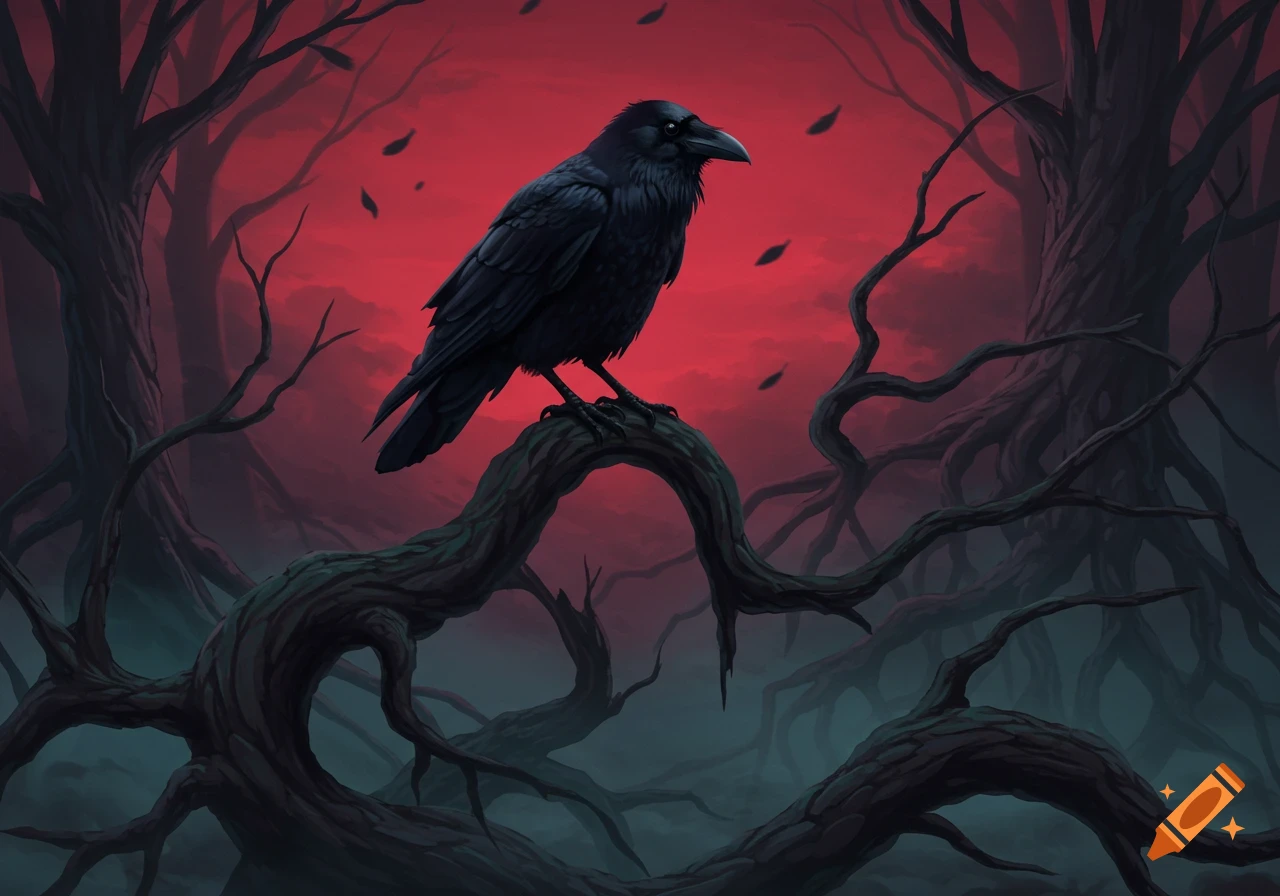 A black raven perched on a gnarled tree branch in a dark, stylized forest with a deep red sky.