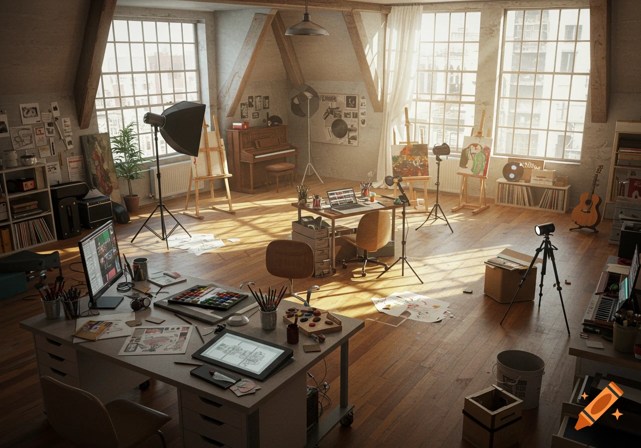 A sunlit, cozy attic art and music studio filled with easels, paintings, instruments like a piano and guitar, desks with computers and art supplies, and various creative clutter on the wooden floor.