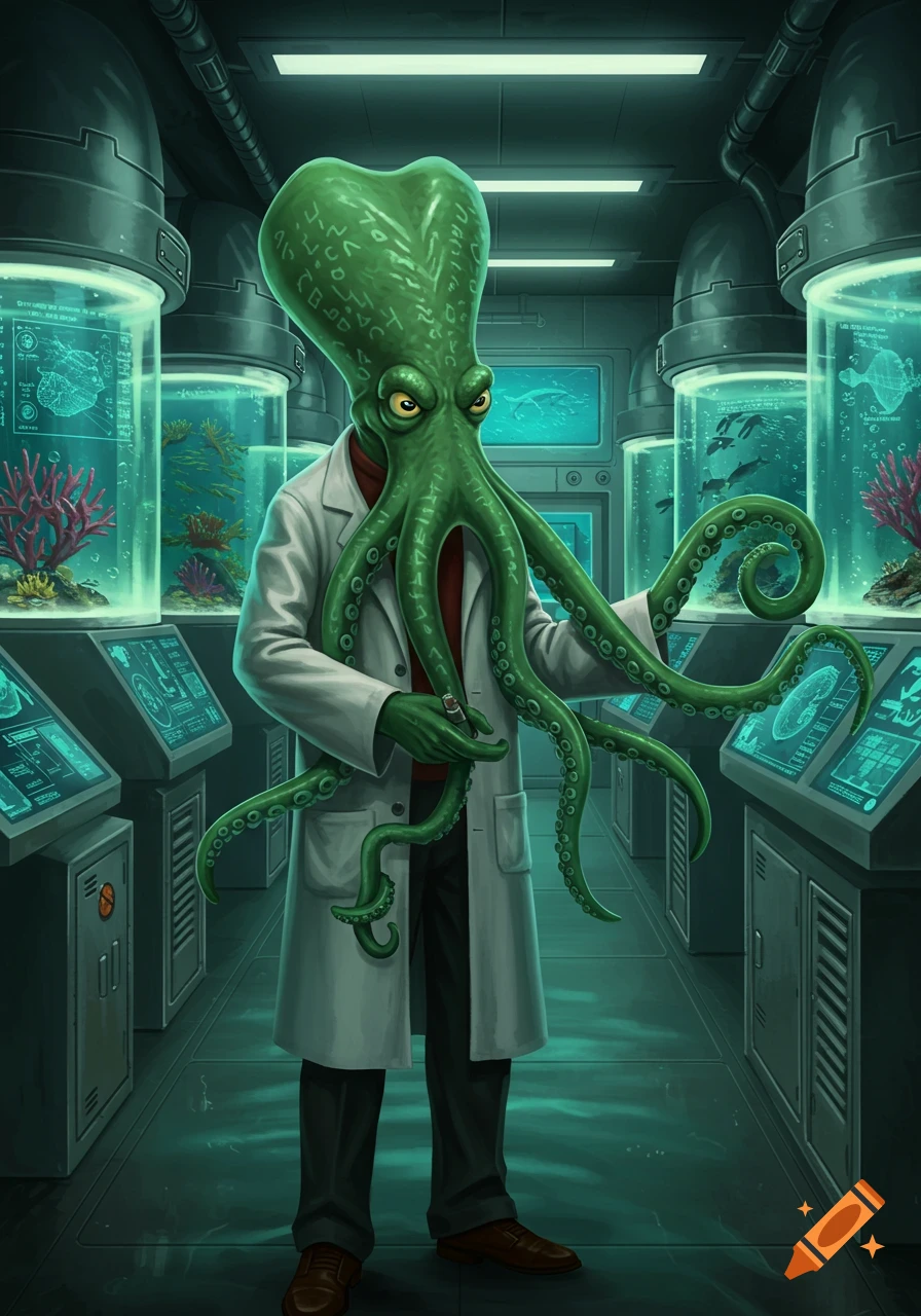 A cartoonish green octopus-man in a white lab coat stands in a futuristic laboratory filled with glowing aquatic tanks and monitors.