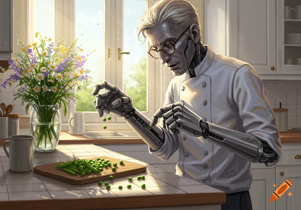 A robot chef with silver hands meticulously handles green peas on a cutting board in a sunlit kitchen.