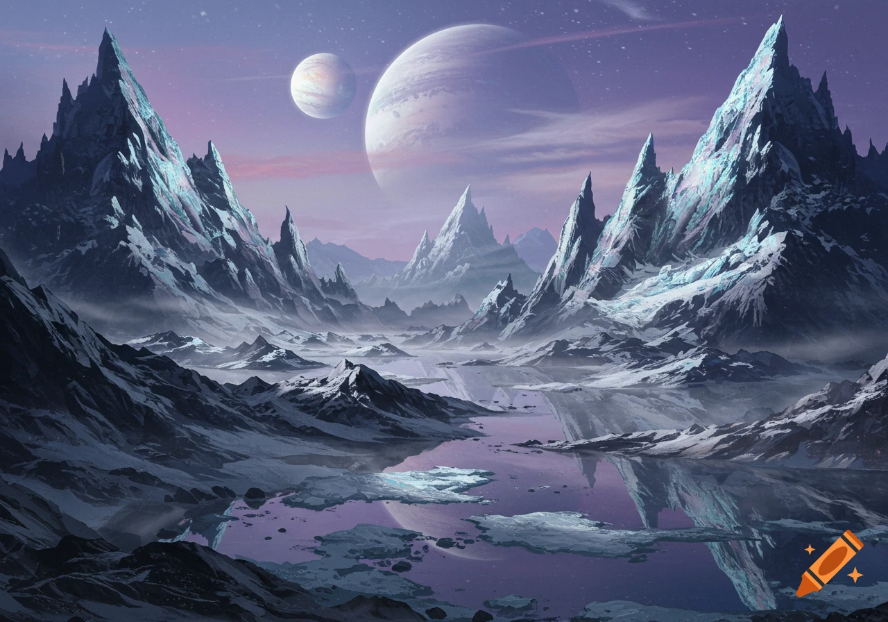 A vast sci-fi landscape with towering icy mountains, a reflective lake, and two large planets in a purple-hued sky.