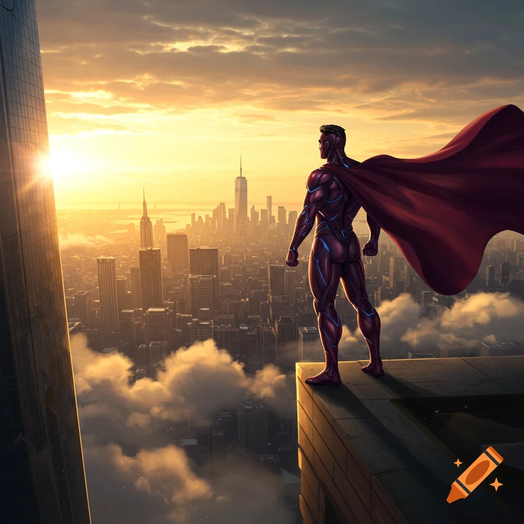 Muscular superhero in a red cape stands on a skyscraper overlooking a vast city at sunset, digital art.
