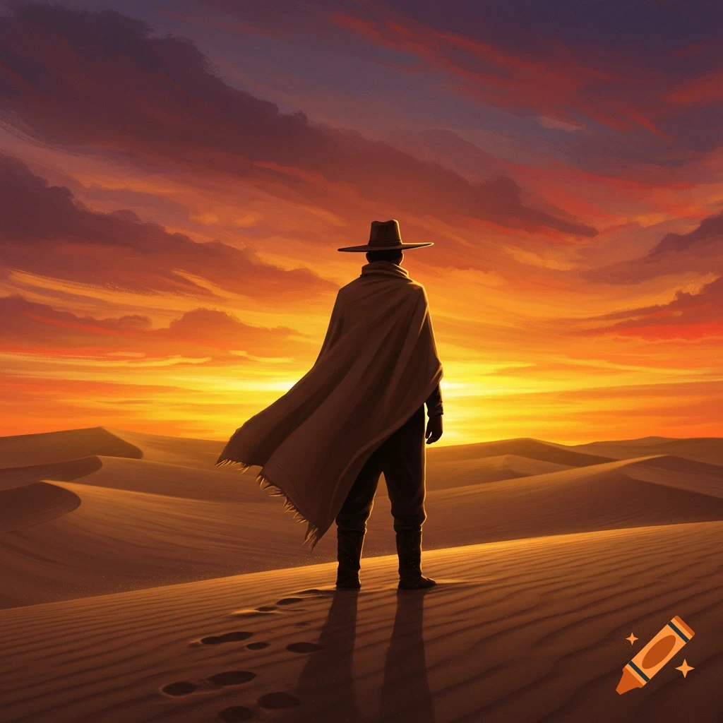 A man in a wide-brimmed hat and flowing cloak stands facing a vibrant orange and purple sunset over desert dunes.