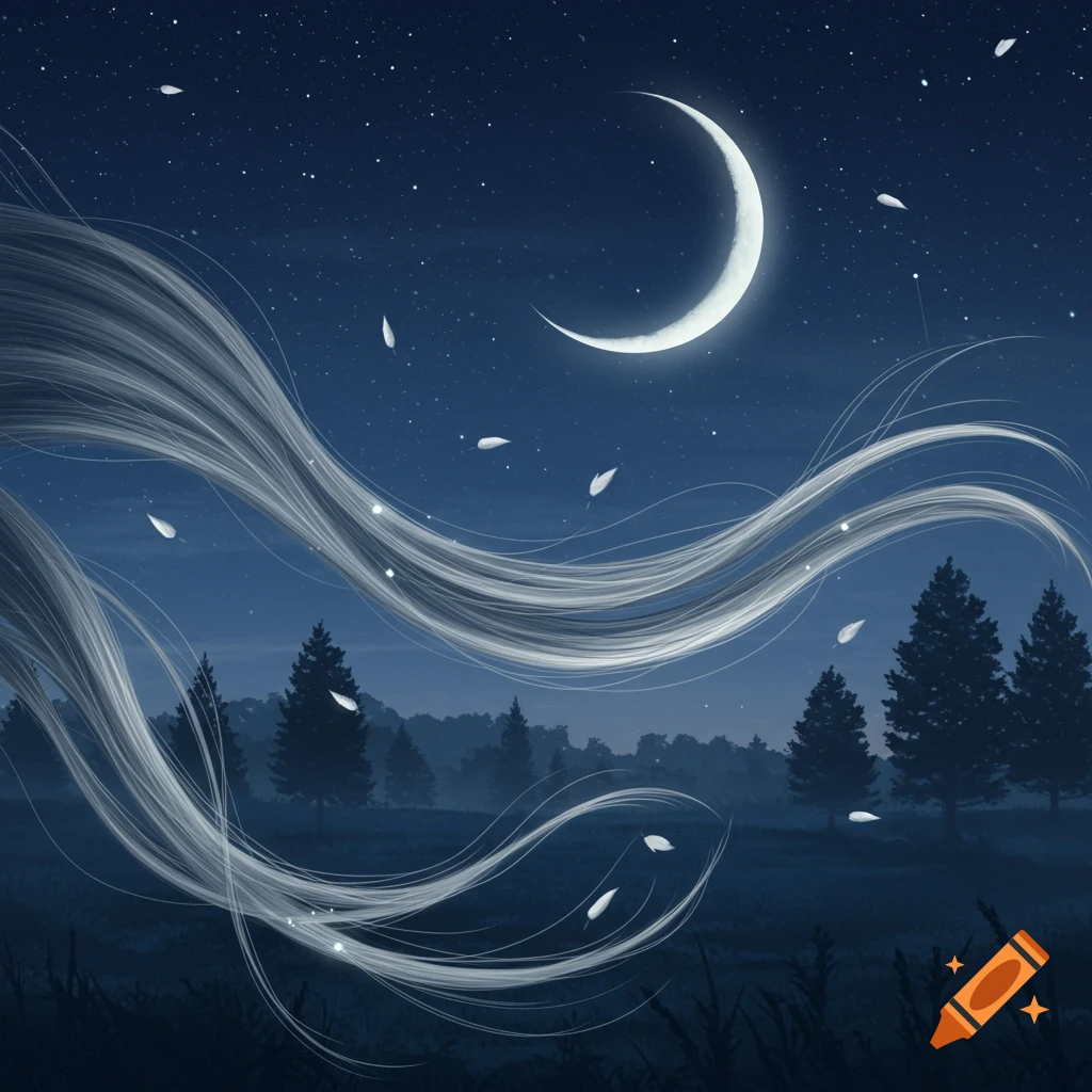 A serene night landscape with a crescent moon, stars, dark trees, and ethereal white flowing streams of light against a deep blue sky.