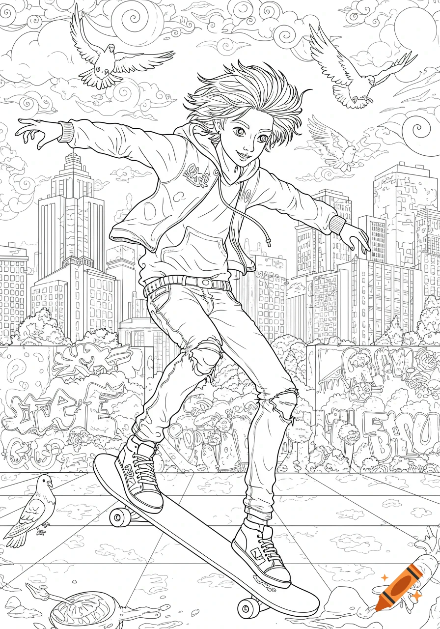 Line art coloring page of a teenage boy skateboarding in an urban setting with buildings, graffiti, and flying birds.