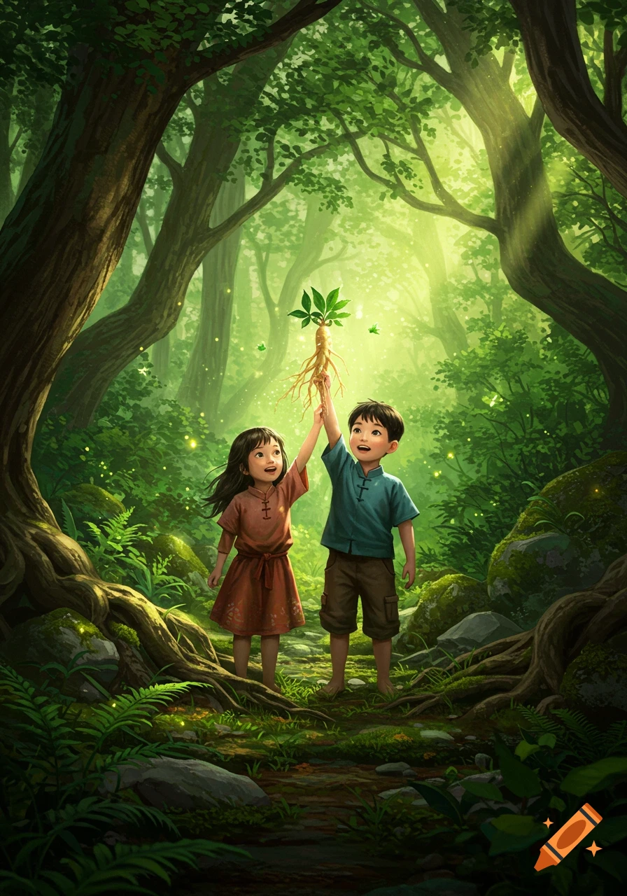 Two children in a lush, sunlit forest hold up a glowing ginseng plant, illustration.