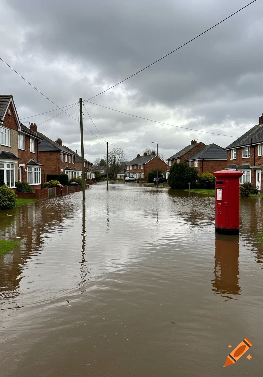 A suburban street completely flooded with brown water, houses on both sides, under a cloudy sky. A red post box is visible on the right.
