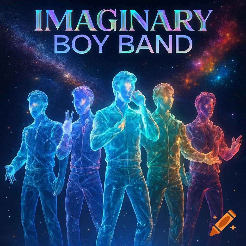 Five glowing, translucent figures of a boy band stand against a starry cosmic background, with 'IMAGINARY BOY BAND' text at the top.