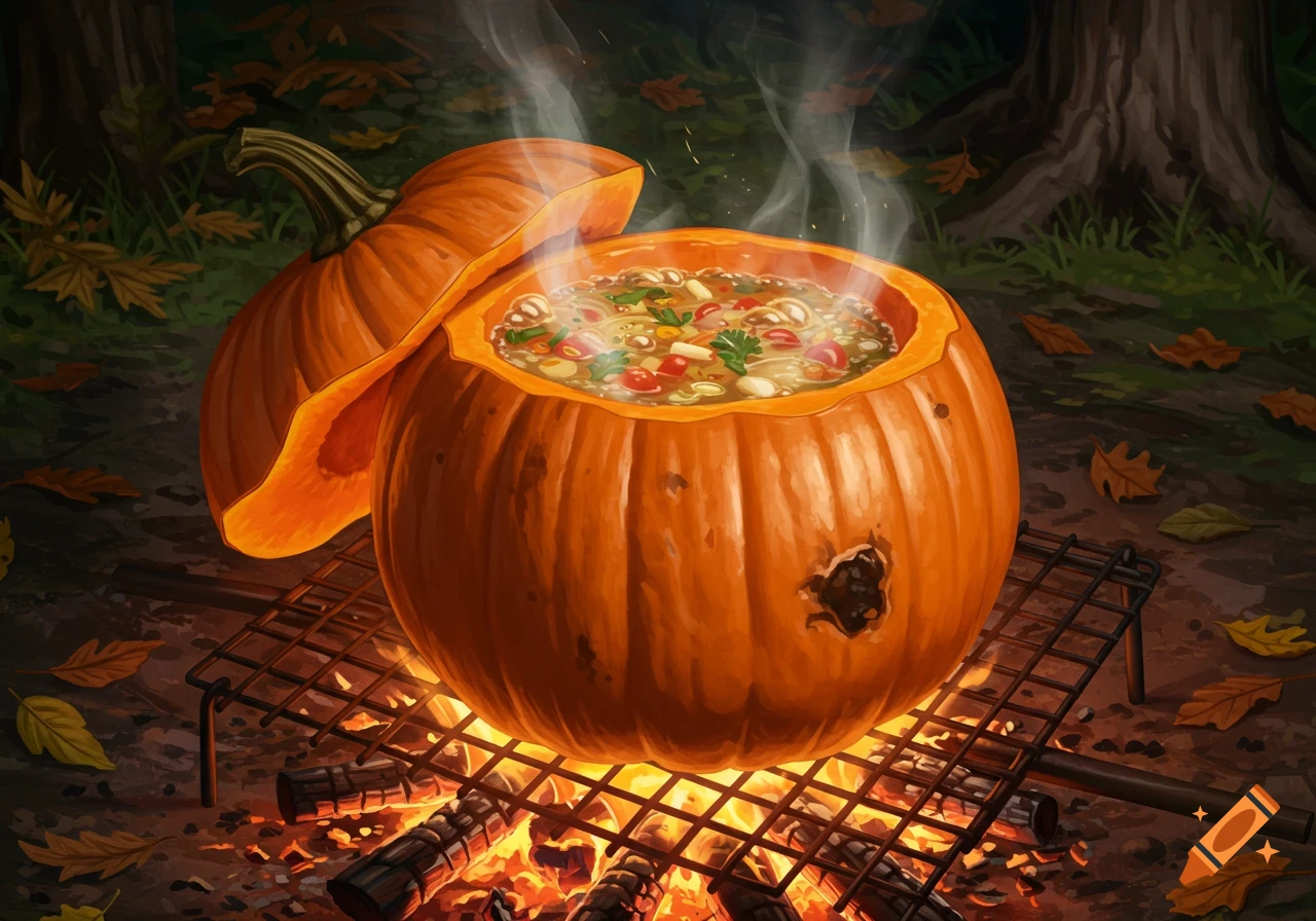 A steaming pumpkin filled with soup cooks over an open fire on a grill in a forest, surrounded by fallen autumn leaves. Stylized illustration.