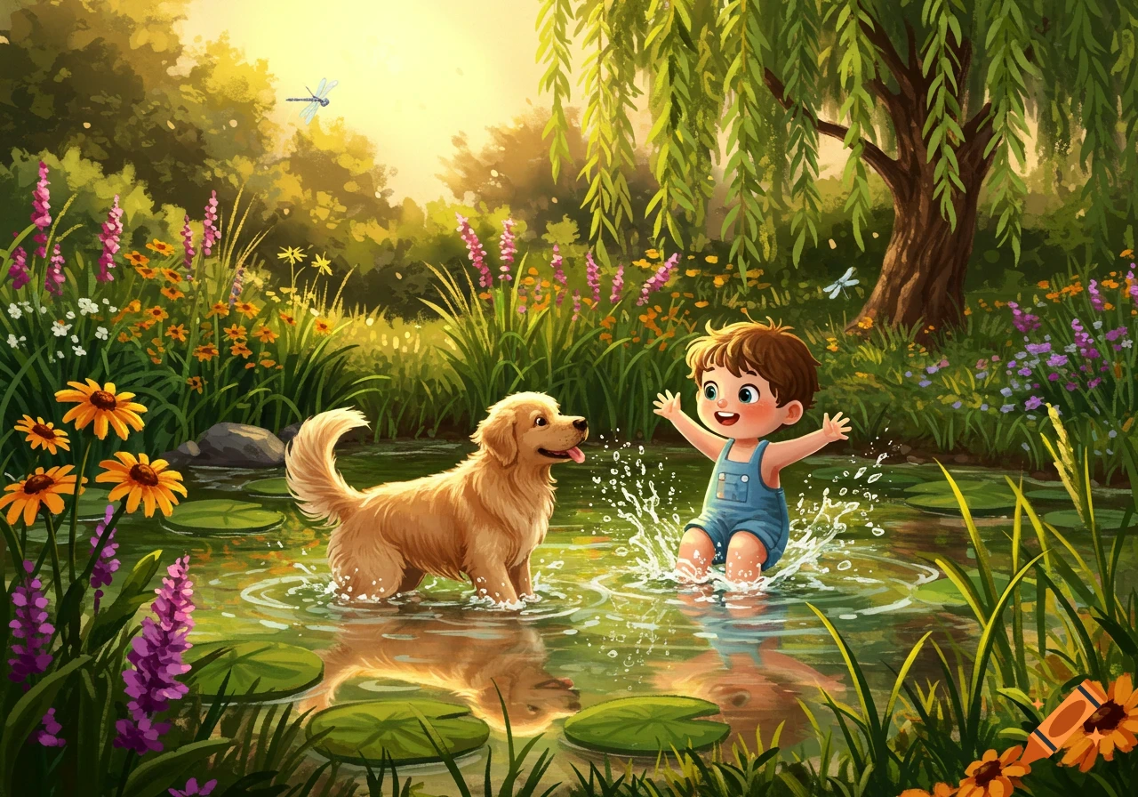 Whimsical illustration of a happy boy and golden retriever splashing in a sunny pond surrounded by flowers and trees.