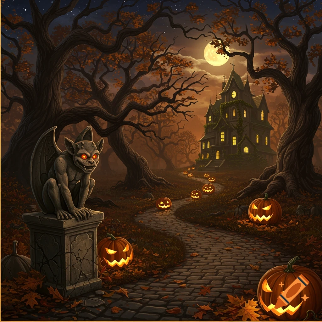 A spooky Halloween night scene with a gargoyle statue, a haunted mansion, and glowing jack-o'-lanterns in a dark forest under a full moon.