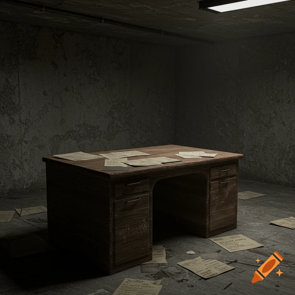 A dark, dilapidated concrete basement with a worn wooden desk covered in papers and more papers scattered on the floor, lit by a single overhead light.