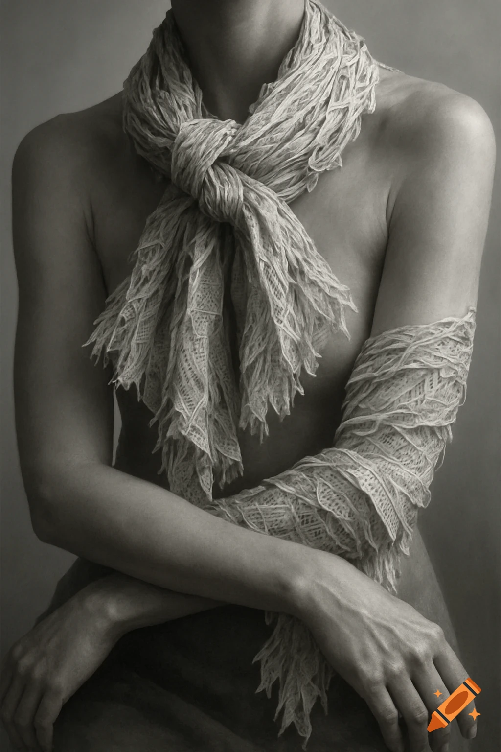 Grayscale close-up of a person draped in a textured, knotted scarf around their neck and arm, artistic portrait.