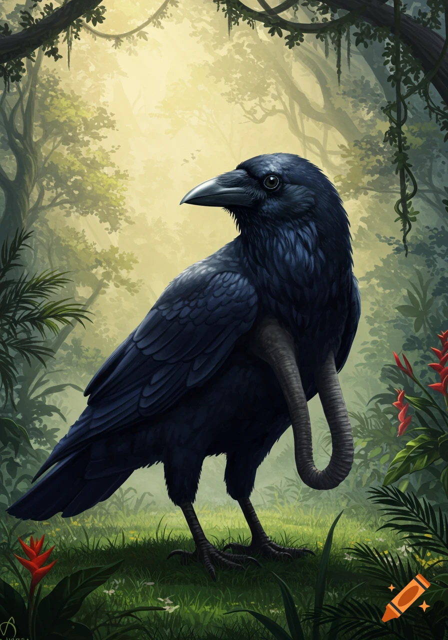 A dark, glossy crow with two elephant trunks protruding from its body stands in a lush, sunlit jungle.