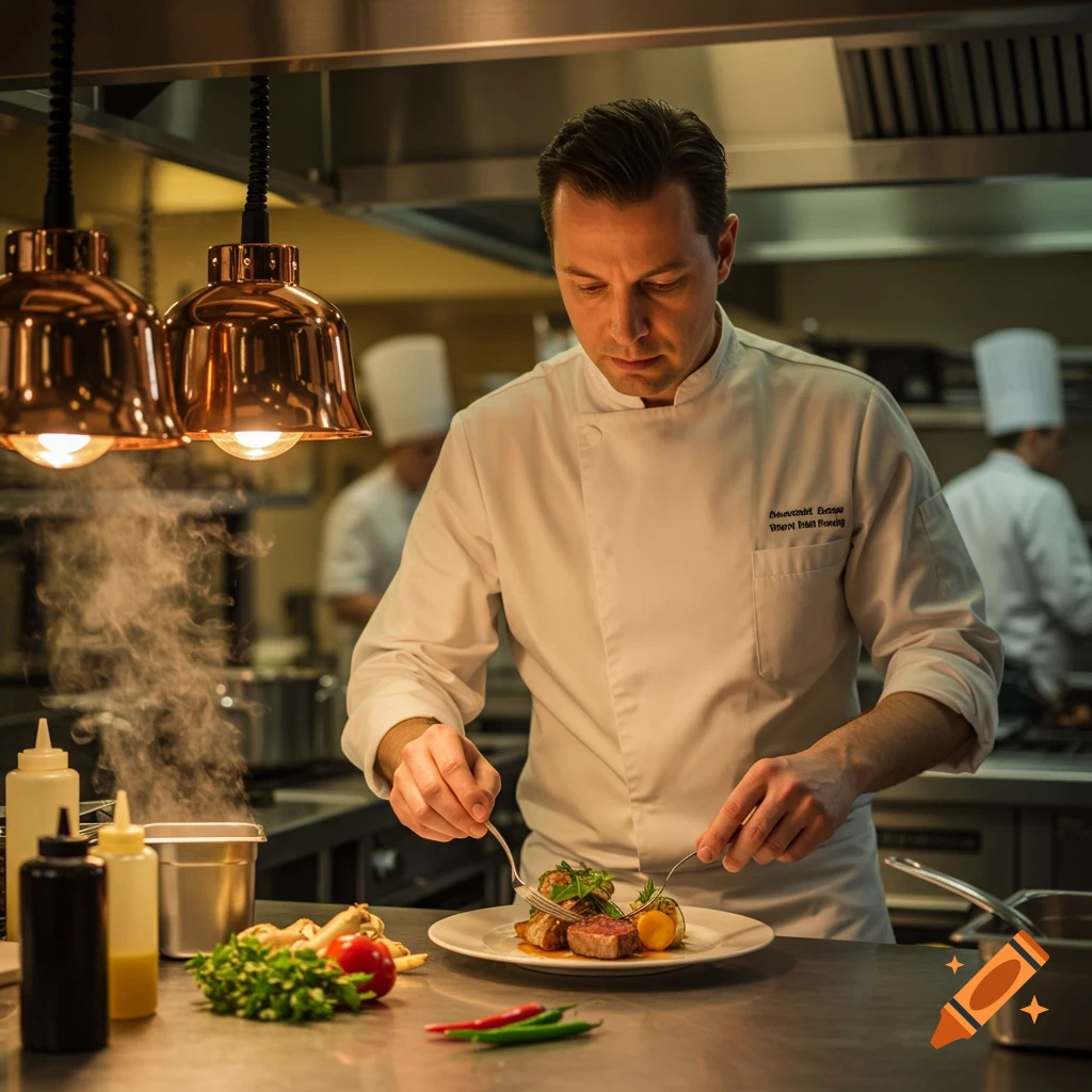 A male chef meticulously plates a gourmet meal with tongs and a fork in a professional kitchen with copper light fixtures.